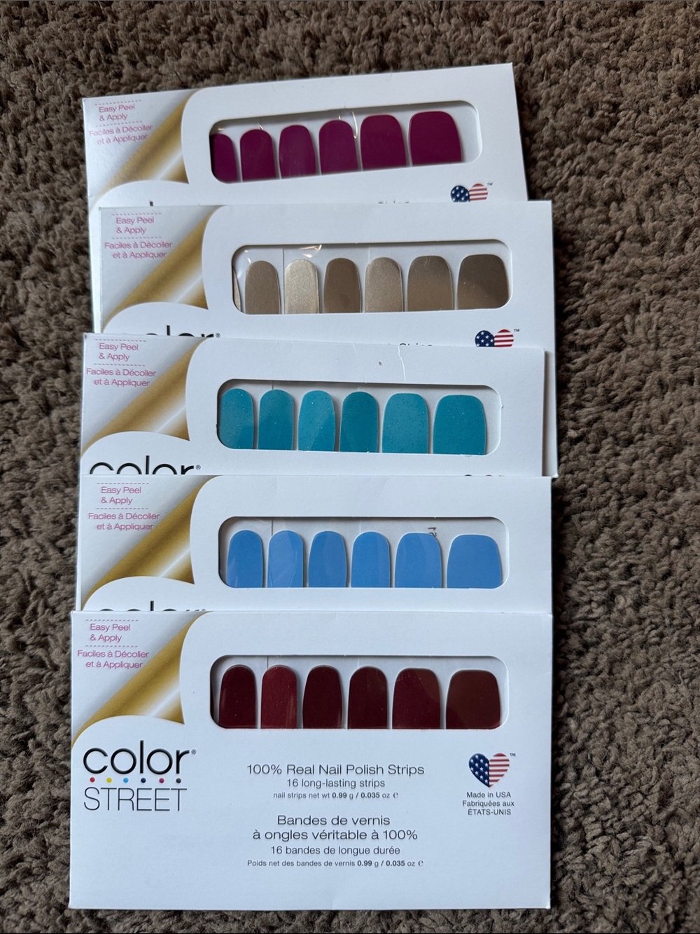 Color Street Nail Solid Strips Pack - Fuchsia, Beige, Teal, Sky Blue, Burgundy
